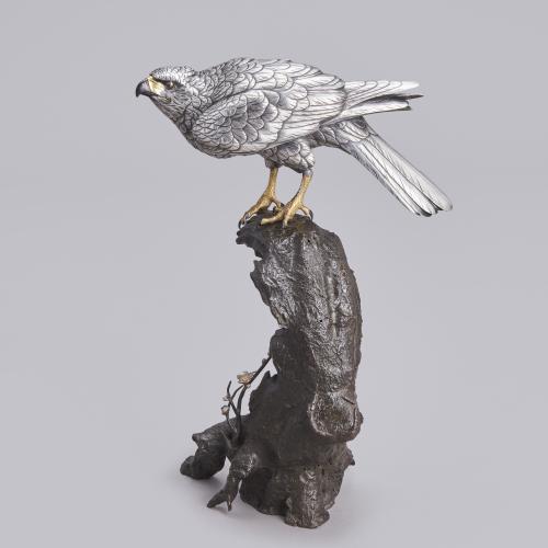 Japanese silvered bronze hawk signed Gyōkō, Meiji Period