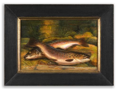 Delightful Naïve School Sporting Still Life Depicting A Brace of Brown Trout The Freshly Caught Fish on a Riverbank Oils on Canvas English, Signed "T. Targett" and Dated "1866"