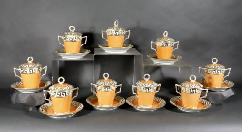 Regency Flight & Barr Worcester Porcelain Salmon-colored Covered Chocolate Cups & Stands, Set of Nine