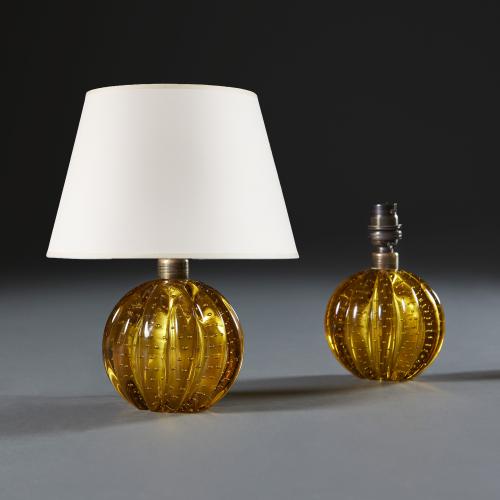 A Pair of Bullicante Amber Glass Lamps