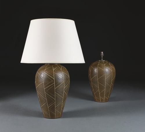 A Pair of Geometric Scraffito Art Pottery Lamps