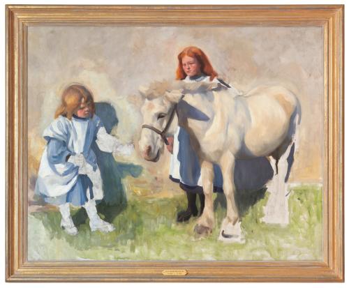 Study of Two Girls Feeding a Grey Pony, Lucy Elizabeth Kemp-Welch