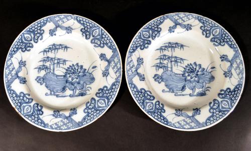 English Underglaze Blue Delftware Plates decorated with Lotus, Probably London, Circa 1760.