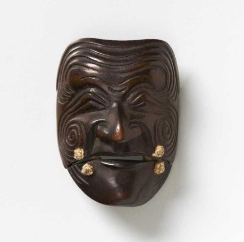 Deme family Wood mask netsuke of Sanka Jo