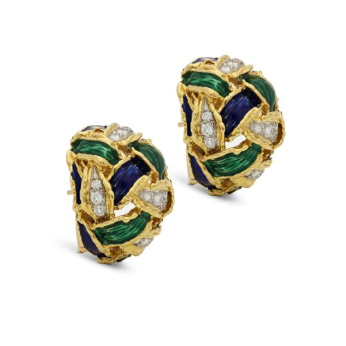 Kutchinsky Striking Pair of Gold, Enamel And Diamond Bombe Earrings Circa 1970s