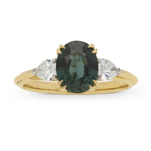 Hancocks 2.05ct Teal Sapphire Ring With Pear Shape Diamond Shoulders Contemporary