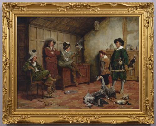 Genre historical oil painting of a hawking party by Stephen Lewin
