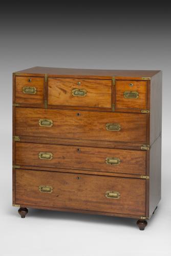 19th Century Mahogany and Brass Banded Secretaire Campaign Chest in the manner of  William Day