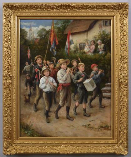 Genre oil painting of a children’s coronation marching band by Joseph Clark ROI
