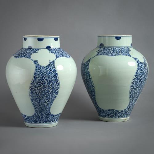 A Rare and Unusual Pair of Japanese Arita Blue and White Vases, Circa 1700.