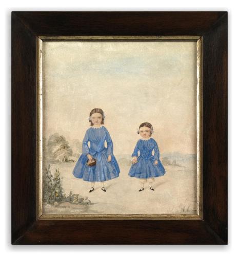 Depicting Two Young Girls in Blue Dresses  One Holding a Basket and the  Other Holding Flowers Pen, Ink and Watercolour on Paper