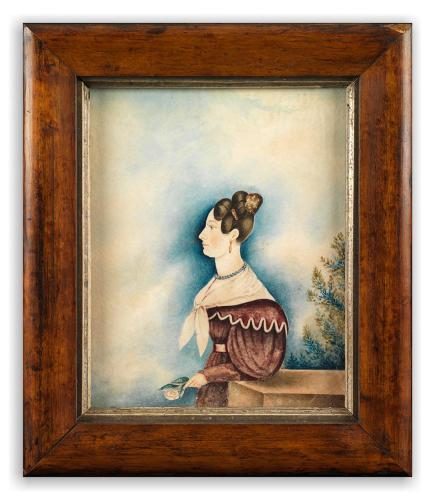 19th Century English Naive School Miniature  Depicting a Lady in a Red Dress and White Scarf  Holding a Flower and Stood against a Stylised Background  Pen, Ink and Watercolour on Paper 