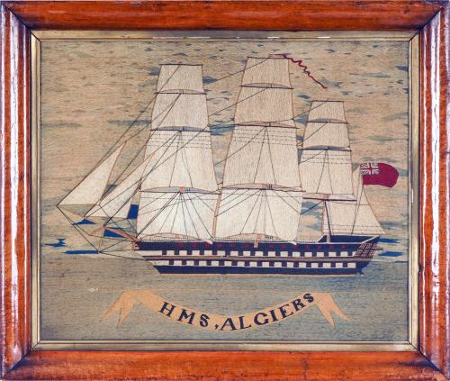 Large British Sailor's Woolwork of H.M.S. Algiers, Circa 1865