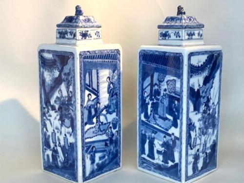 A Pair of Rare Chinese Kangxi Blue and White Flasks And Covers