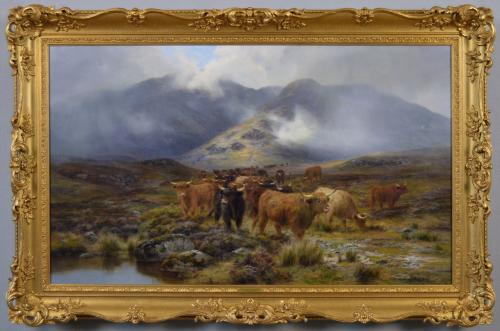 Landscape animal oil painting of Highland Cattle on a Moor by Louis Bosworth Hurt