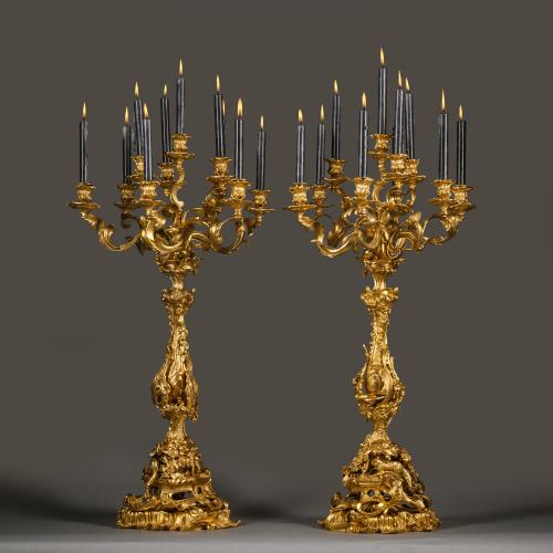 A Pair of Large Napoleon III Gilt-Bronze Nine-Light Candelabra, Emblematic of Hunting