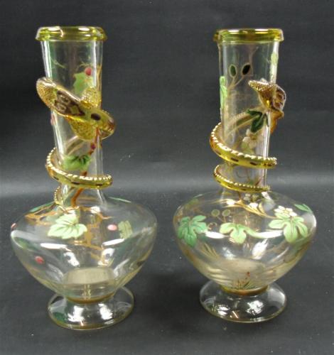 A pair of glass vases decorated with applied glass salamanders and with enamel and gold, Moser Austria circa 1900