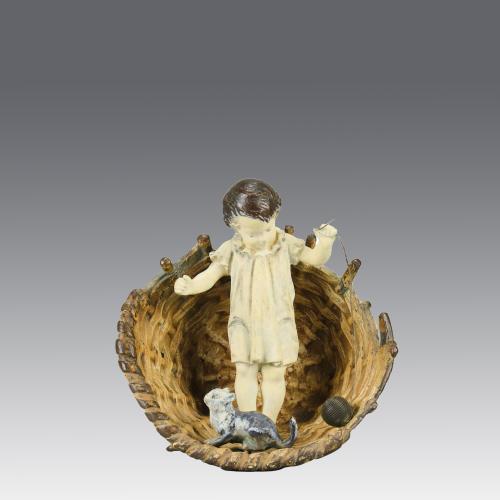 Early 20th Century Cold Painted Bronze "Girl & Cat with Basket" by Franz Bergman