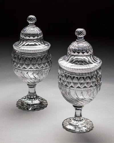 A Pair of George III Cut Glass Urns and Covers Of Exceptional Size and Quality