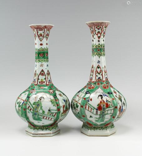 BH54 A Pair of Chinese Famille Verte Facetted Bottle Vases