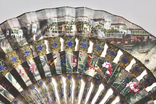 Chinese export fan painted on paper, one side with a panorama of Macao and the other with one of Canton