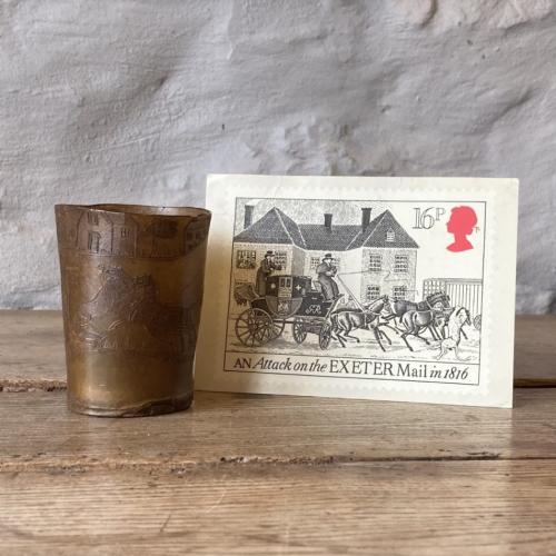 Horn beaker with rare engraving depicting a lioness attacking a mail coach