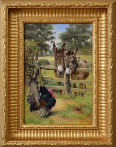 Genre oil painting of two donkeys with a turkey by Herbert ‘William’ Weekes