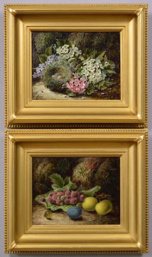 Pair of still life oil paintings of birds nest with flowers & fruit by Oliver Clare