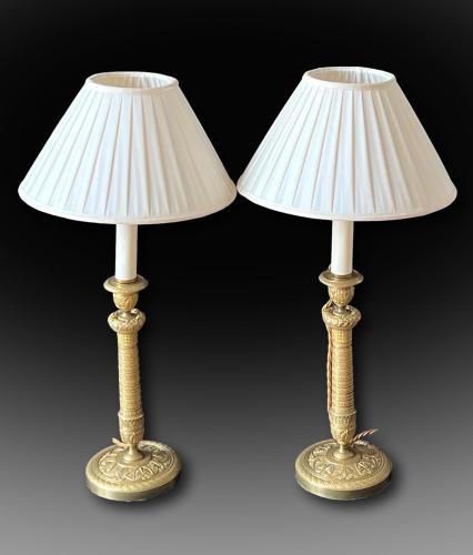 Pair of Early 19th Century Gilt Candlesticks Converted to Lamps