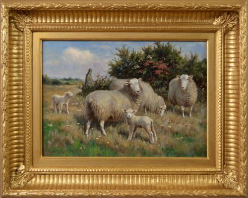 Landscape animal oil painting of sheep with lambs by Claude Cardon