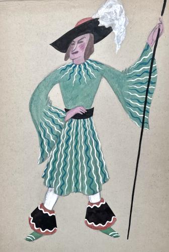 John Dronsfield - Early 20th Century British Theatre Costume Design for a Man holding a Staff