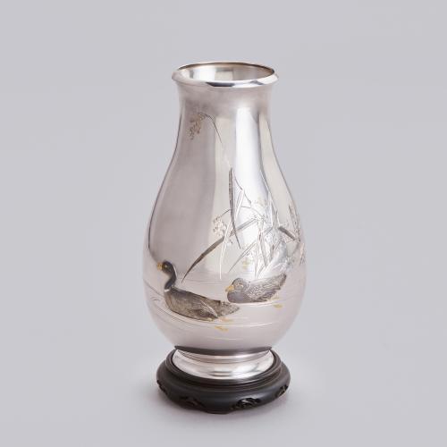 Japanese silver vase with geese signed Masatada, Taisho Period