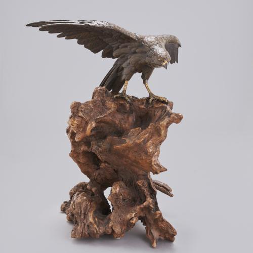 Japanese bronze hawk perched on a root wood base signed Gyoko, Meiji Period
