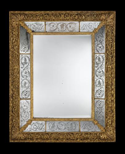 Important of Grand Scale Carved Gilt Wood- Etched Border Glass Mirror   Circa 1680