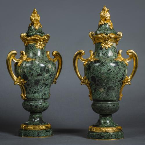  Pair of Louis XVI Style Gilt-Bronze Mounted Verde Antico Marble Vases and Covers, by Susse Frères, After a design by F. Rambaud, Paris. France, Circa 1900.