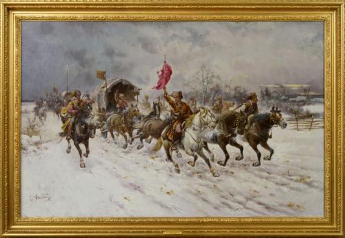 Winter landscape oil painting of Cossacks on horseback by Adolf Constantin Baumgartner-Stoiloff