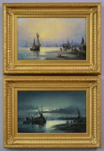 Pair of seascape oil paintings of fishing boats on the Medway at Rochester by Hubert Thornley