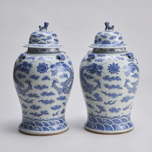 19th Century Chinese blue and white porcelain covered jars