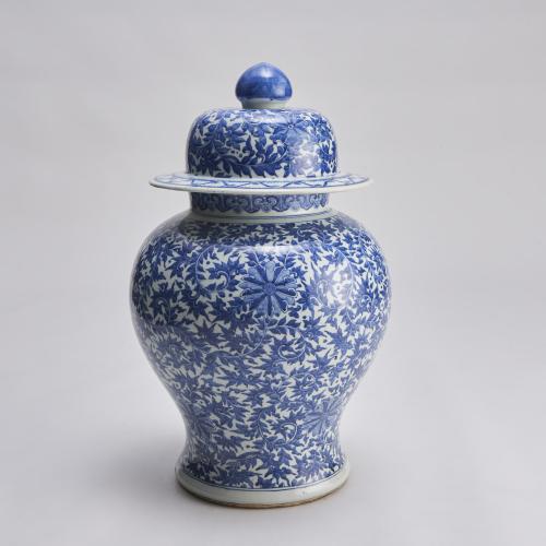 An imposing (63cm in height) 19th Century Chinese blue and white temple jar and cover