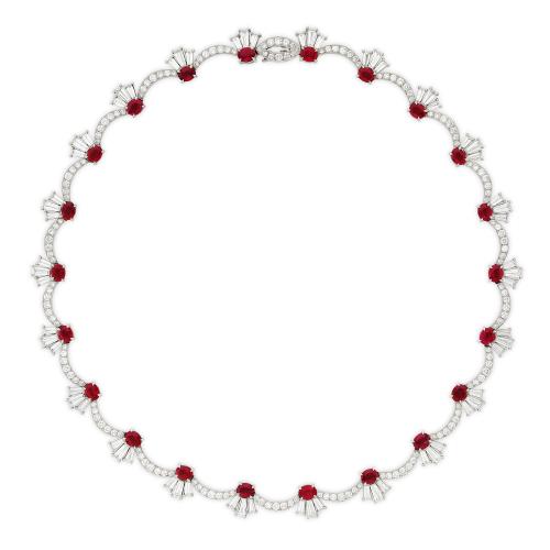 Ruby, brilliant and baguette diamond necklace
