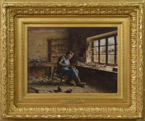 Genre oil painting of a French cobbler at work by Émile Renard