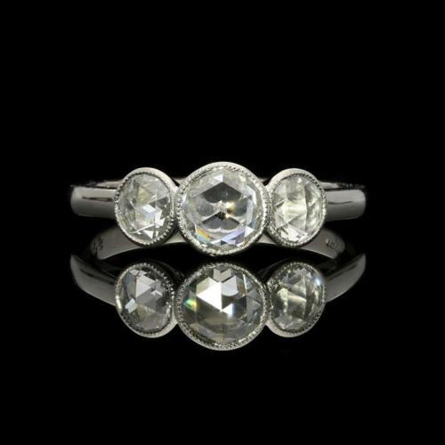 Hancocks Three Stone Rose Cut Diamond Ring In Millegrain Platinum Mount Contemporary