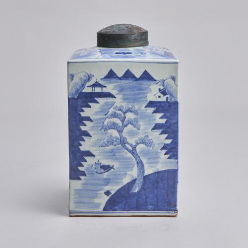 Chinese porcelain, blue and white, square form tea jar and cover