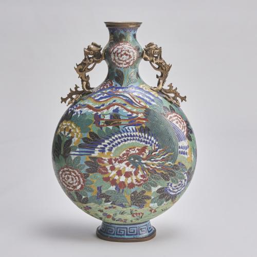 A vibrant, 19th Century Chinese Cloisonne Baoyueping (Moon flask) with Phoenix decoration