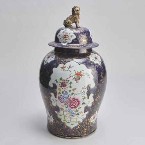 An impressive Chinese, 18th Century Powder blue and Famille rose Temple jar