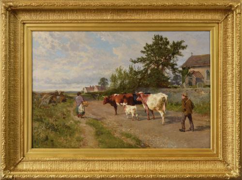 Landscape oil painting of cattle in a lane by Charles Collins
