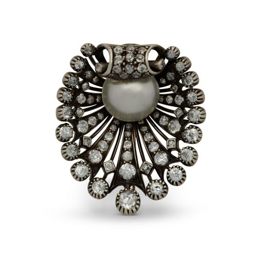 Victorian Antique Diamond And Natural Pearl Shell Brooch Circa 1880