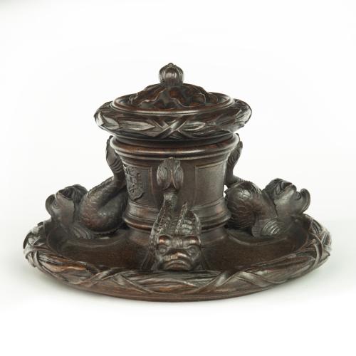 An oak inkwell carved from Lutine timber, dated 1799