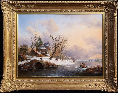 Fredrik Marinus Kruseman (Dutch 1816 - 1882) Winter Landscape with Figures near a Mansion