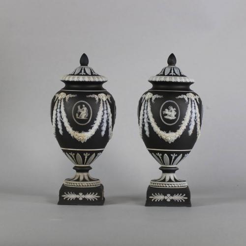 Side of Pair of 19th century black balsat Wedgwood vases